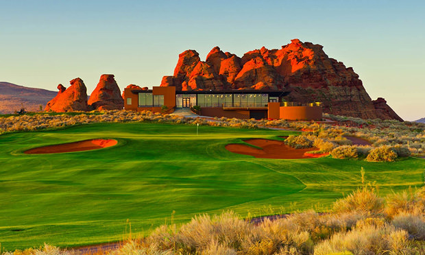 Fairway and green with a beautiful red rock backdrop at Sand Hollow Golf Course in St. George, Utah