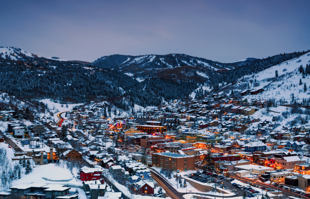 Aerial view of Park City, Utah at dusk