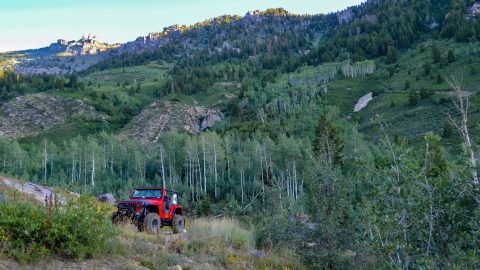 Red Jeep off-roading in Mineral Basin near Salt Lake City, Utah, surrounded by rugged mountains and dense green forests.