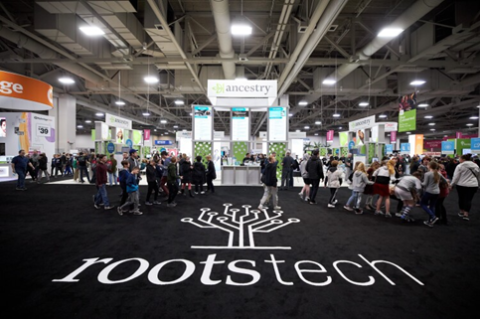 The main floor of RootsTech, a family history convention in Salt Lake. Vendors set up booths around the showroom. 
