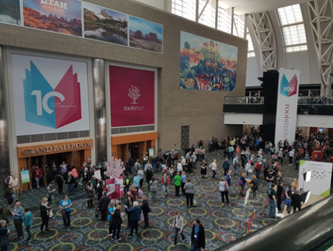 An overhead view of RootsTech, a family history conference in the Salt Palace Convention Center.