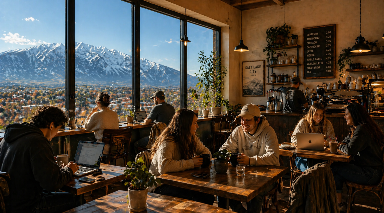 Busy coffee shop with students working on laptops and chatting, large windows showing Salt Lake City skyline and snow-covered mountains.