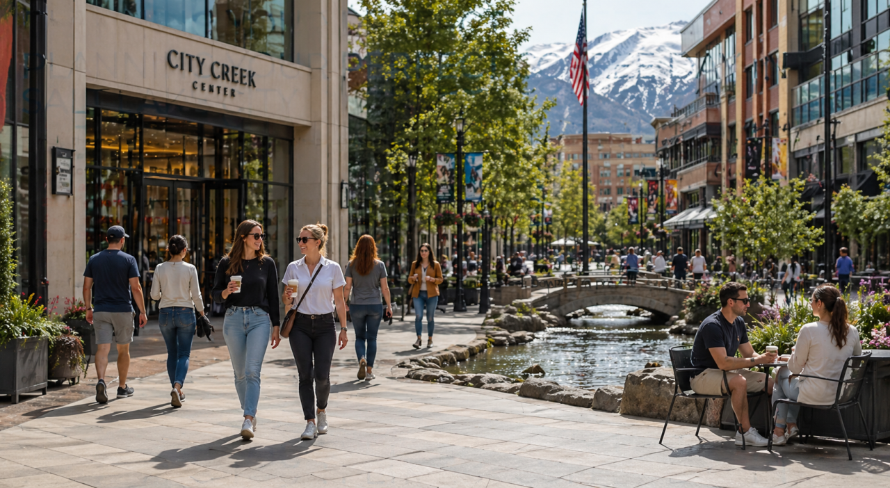 People walking with coffee and relaxing by the stream at City Creek Center in downtown Salt Lake City with mountains in the background.