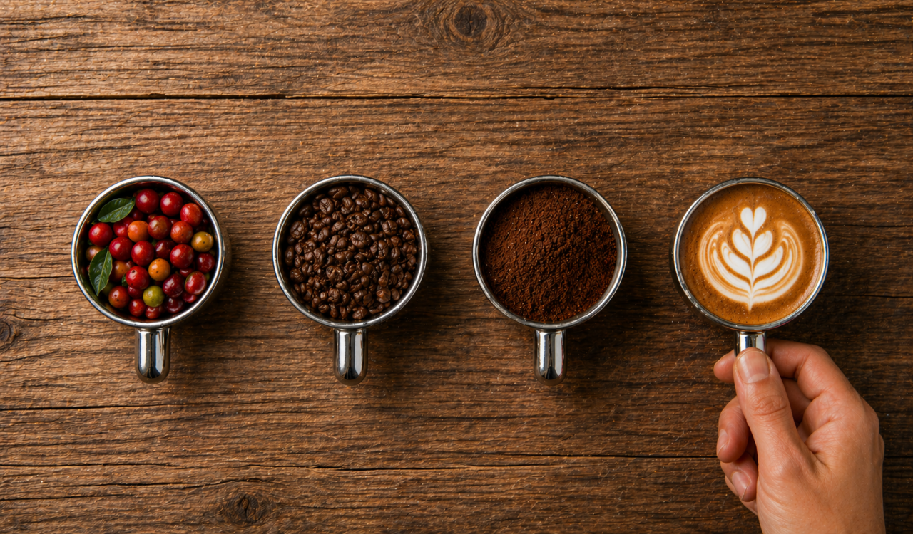 Top-down view of coffee process showing coffee cherries, roasted beans, ground coffee, and a latte on a wooden table