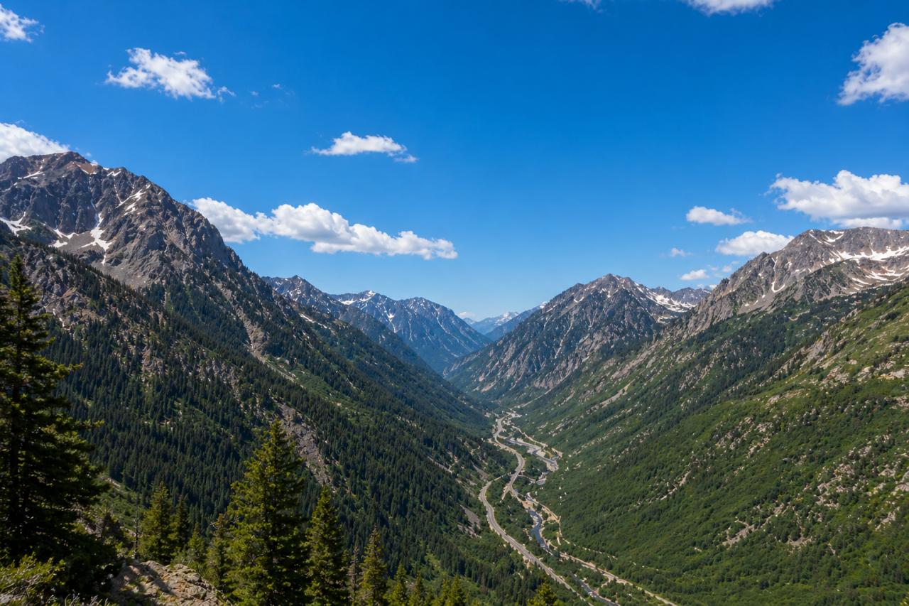 Panoramic view of Big and Little Cottonwood Canyon in Utah’s Wasatch Mountains with a winding road through a green alpine valley