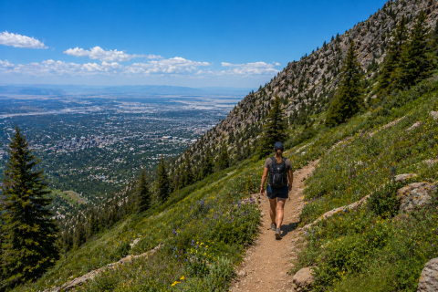 Hiker walking along a mountain trail overlooking Salt Lake City and the valley below on a sunny day