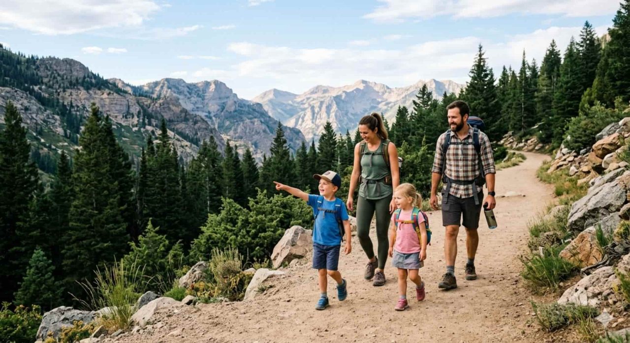 Family with young children hiking a kid-friendly trail near Salt Lake City Utah
