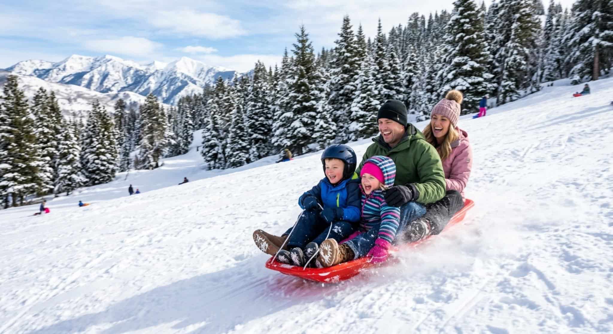 Family sledding on a snowy hill during winter — seasonal family fun near Salt Lake City Utah