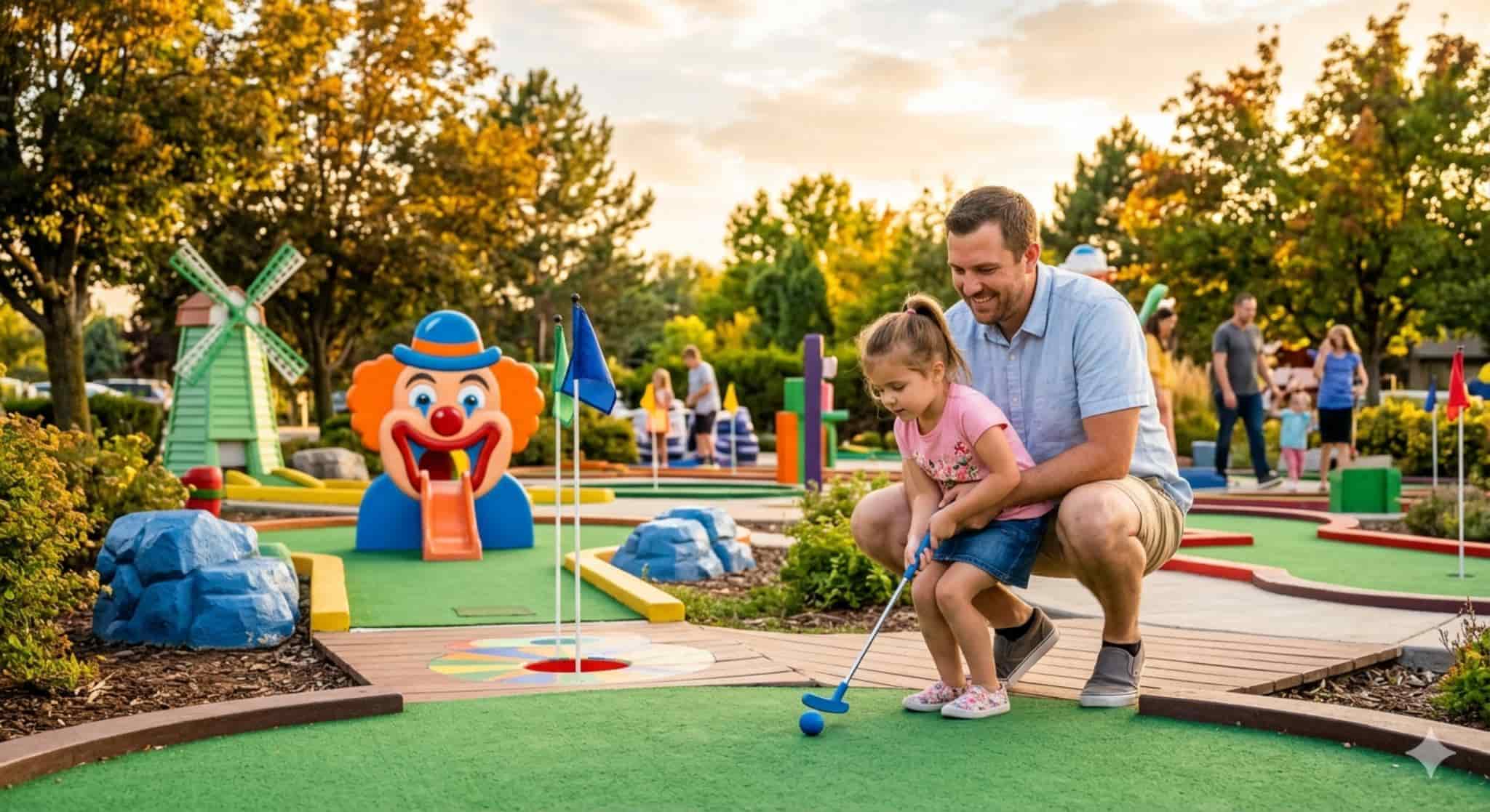 Father and daughter playing mini golf at a family fun center in Salt Lake City Utah