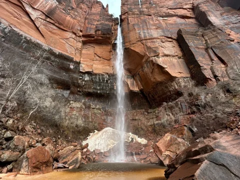 waterfall that drops into the emerald pool