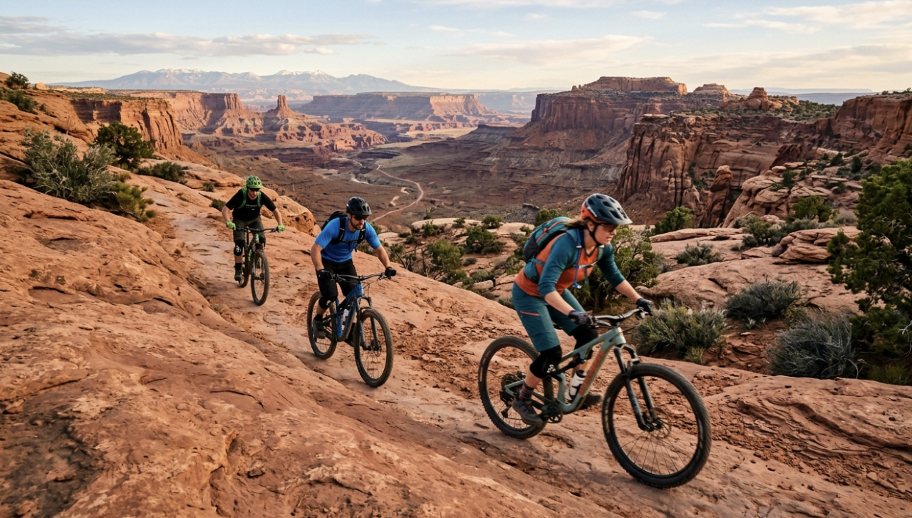 Three mountain bikers riding along a rugged red rock ridge overlooking a vast canyon in Utah during golden hour.