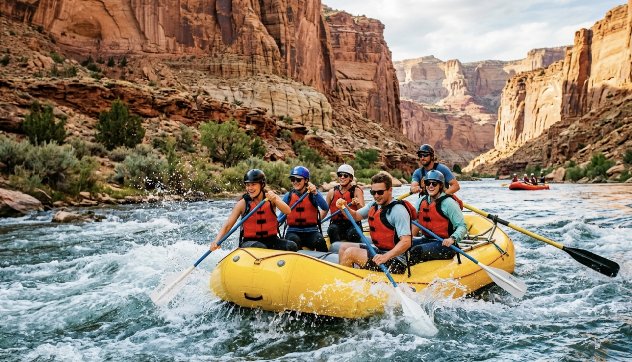 Group of six people whitewater rafting in a yellow raft through a steep canyon in Utah.