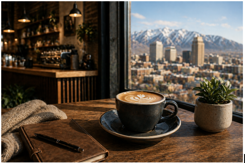 Best coffee shops in Salt Lake City, local cafe with SLC skyline view