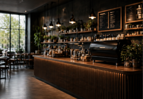 Cozy coffee shop interior in Salt Lake City with warm lighting and seating