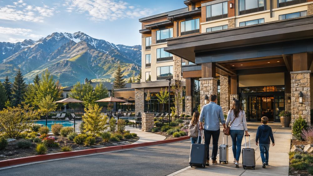 Family arriving at a Salt Lake City hotels with mountain views, pool area, and family-friendly amenities