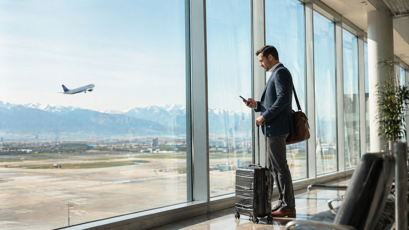 Business traveler at the Salt Lake City airport with luggage, mountain views, and an airplane taking off, representing Salt Lake City hotels for business and convention travelers