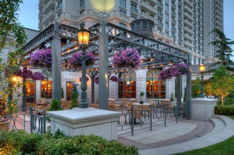 Grand America Hotel outdoor patio in downtown Salt Lake City, a luxury option among Salt Lake City hotels