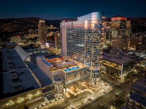 Hyatt Regency Salt Lake City at night, one of the Salt Lake City hotels near Salt Palace Convention Center and downtown event venues