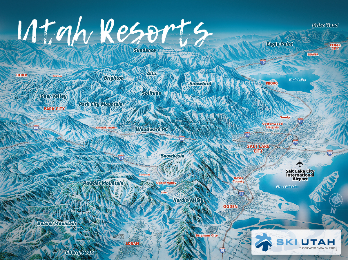 Geographic map of Utah's 15 ski resorts.