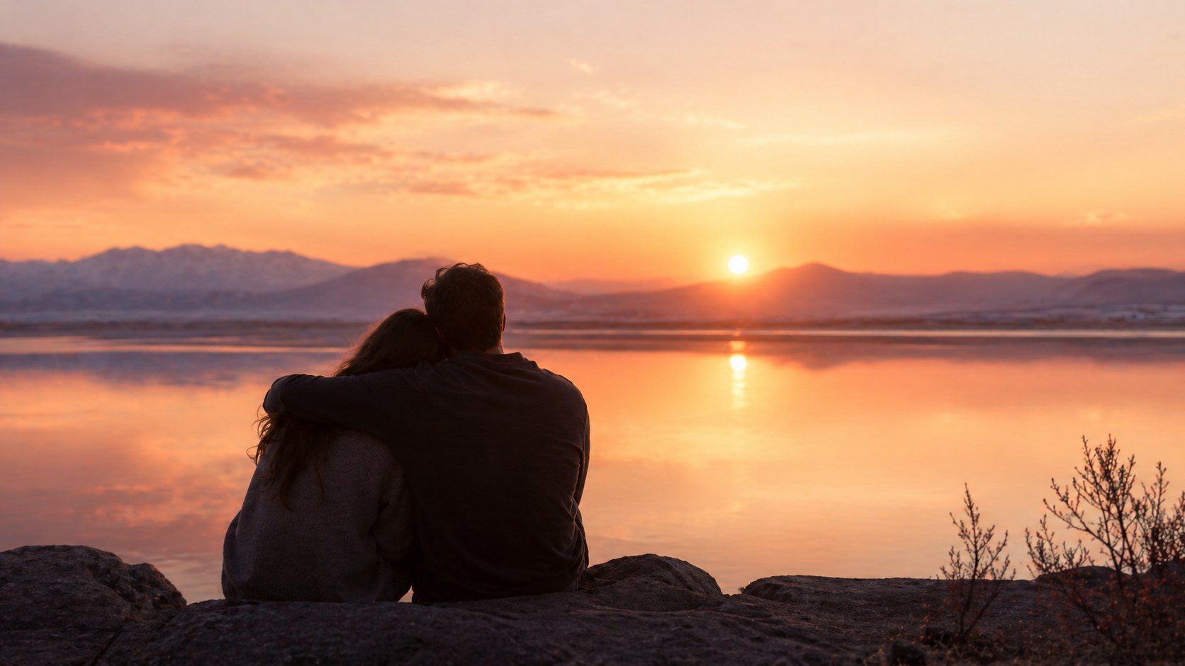 Romantic featured image for Salt Lake City hotels showing a couple by the water at sunset, representing couples and weekend getaway stays near Salt Lake City