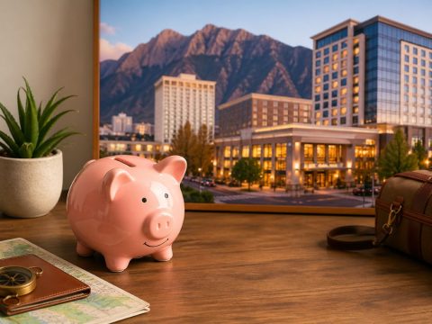 Pink piggy bank on a table with a hotel and mountain view in the background, representing Salt Lake City hotel budgeting costs