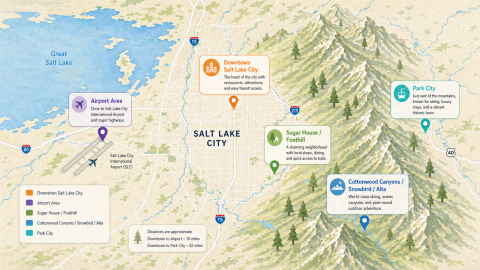 Map showing the best areas to stay in Salt Lake City, including downtown, the airport area, Sugar House and Foothill, Cottonwood Canyons, and Park City
