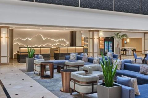 Salt Lake Marriott Downtown at City Creek lobby seating area, one of the Salt Lake City hotels for business and convention travelers