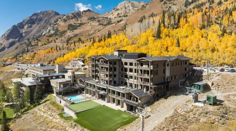 Snowpine Lodge in Alta, Utah with mountain views and fall foliage near Little Cottonwood Canyon
