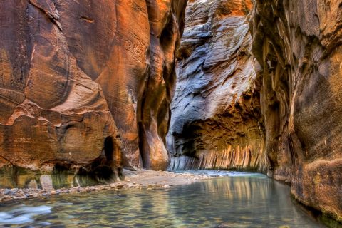 Water in between a two rock walls from The Narrows hike